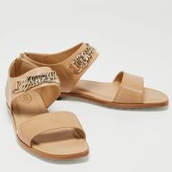 Pre Owned Tod's Brown Leather Chain Link Strap Flat Sandals Size 40