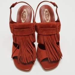 Pre Owned Tod's Maroon Suede Fringe Ankle Strap Sandals Size 40