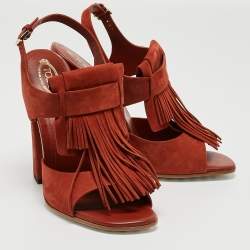 Pre Owned Tod's Maroon Suede Fringe Ankle Strap Sandals Size 40