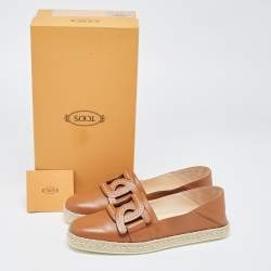 Pre Owned Tod's Brown Leather Chain Detail Espadrille Flats Size 40