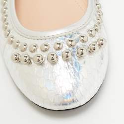 Tod's Silver Snakeskin Embossed Leather Studded Ballet Flats Size 35.5