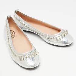 Tod's Silver Snakeskin Embossed Leather Studded Ballet Flats Size 35.5