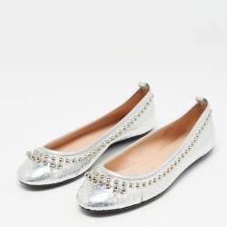 Tod's Silver Snakeskin Embossed Leather Studded Ballet Flats Size 35.5