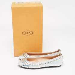 Tod's Silver Snakeskin Embossed Leather Studded Ballet Flats Size 35.5