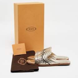 Tod's Metallic Gold Leather Studded Embellished Flat Slides Size 37.5