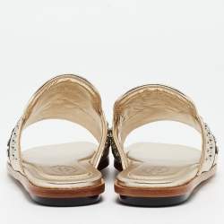 Tod's Metallic Gold Leather Studded Embellished Flat Slides Size 37.5