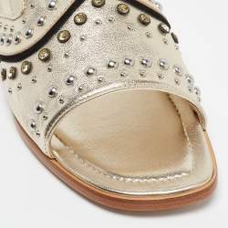 Tod's Metallic Gold Leather Studded Embellished Flat Slides Size 37.5