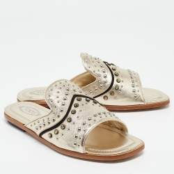 Tod's Metallic Gold Leather Studded Embellished Flat Slides Size 37.5