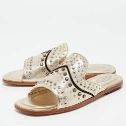 Tod's Metallic Gold Leather Studded Embellished Flat Slides Size 37.5