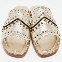 Tod's Metallic Gold Leather Studded Embellished Flat Slides Size 37.5
