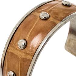 Pre Owned Tod's Tan Embossed Leather Studded Silver Tone Narrow Cuff Bracelet