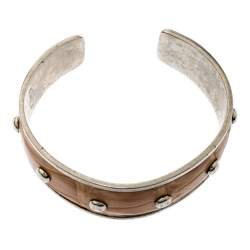 Pre Owned Tod's Tan Embossed Leather Studded Silver Tone Narrow Cuff Bracelet