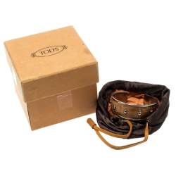 Pre Owned Tod's Tan Embossed Leather Studded Silver Tone Narrow Cuff Bracelet