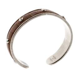 Tod's Brown Embossed Leather Silver Tone Studded Narrow Cuff
