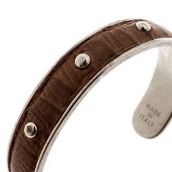 Tod's Brown Embossed Leather Silver Tone Studded Narrow Cuff