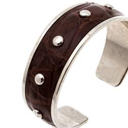 Tod's Dark Brown Embossed Leather Studded Silver Tone Narrow Cuff Bracelet