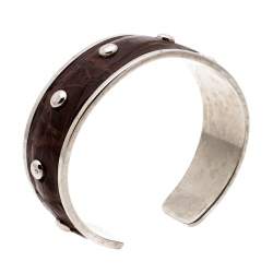 Tod's Dark Brown Embossed Leather Studded Silver Tone Narrow Cuff Bracelet