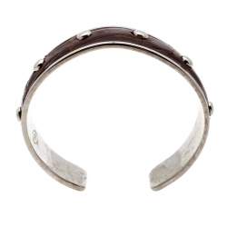 Tod's Dark Brown Embossed Leather Studded Silver Tone Narrow Cuff Bracelet
