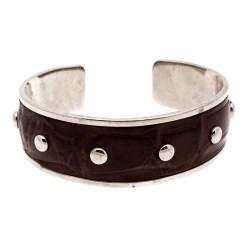Tod's Dark Brown Embossed Leather Studded Silver Tone Narrow Cuff Bracelet