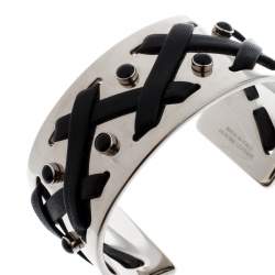 Pre Owned Tod's Black Leather Criss Cross Gold Tone Open Cuff Bracelet