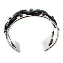 Pre Owned Tod's Black Leather Criss Cross Gold Tone Open Cuff Bracelet