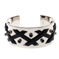 Pre Owned Tod's Black Leather Criss Cross Gold Tone Open Cuff Bracelet