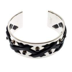 Pre Owned Tod's Black Leather Criss Cross Gold Tone Open Cuff Bracelet