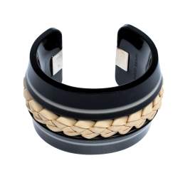 Pre Owned Tod's Black Braided Leather Inlay Resin Open Cuff Bracelet 