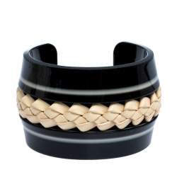 Pre Owned Tod's Black Braided Leather Inlay Resin Open Cuff Bracelet 