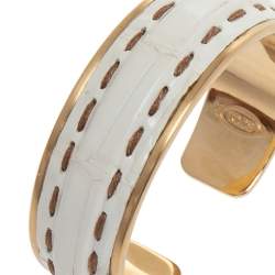 Tod's Gold Tone Stitch Detail White Leather Narrow Cuff Bracelet