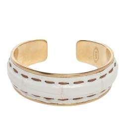 Tod's Gold Tone Stitch Detail White Leather Narrow Cuff Bracelet
