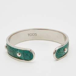 Tod's Silver Tone Green Embossed Leather Studded Narrow Cuff Bracelet