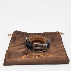 Pre Owned Tod's Dark Blue Leather Metal Detail Buckle Belt 90CM