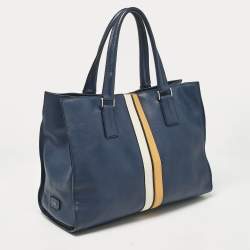 Tod's Navy Blue Leather Stripe Tote