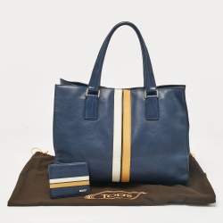 Tod's Navy Blue Leather Stripe Tote
