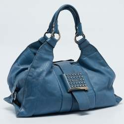 Pre Owned Tod's Blue Leather  Studded Lock Flap Shoulder Bag  