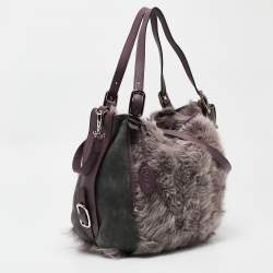 Tod's Purple/Grey Fur, Suede and Leather Buckle Hobo