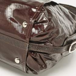Tod's Dark Brown Coated Canvas and Crackled Patent Leather Side Buckle Hobo