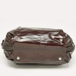 Tod's Dark Brown Coated Canvas and Crackled Patent Leather Side Buckle Hobo