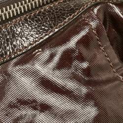 Tod's Dark Brown Coated Canvas and Crackled Patent Leather Side Buckle Hobo