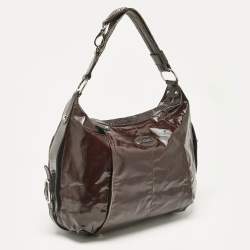 Tod's Dark Brown Coated Canvas and Crackled Patent Leather Side Buckle Hobo