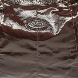Tod's Dark Brown Coated Canvas and Crackled Patent Leather Side Buckle Hobo
