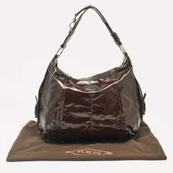 Tod's Dark Brown Coated Canvas and Crackled Patent Leather Side Buckle Hobo