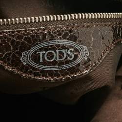 Tod's Dark Brown Coated Canvas and Crackled Patent Leather Side Buckle Hobo