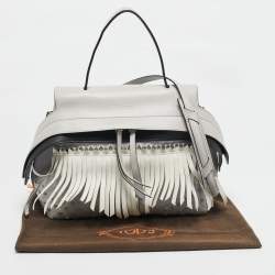 Tod's Light Grey/White Leather Origami Fringed Top Handle Bag