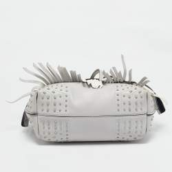 Tod's Light Grey/White Leather Origami Fringed Top Handle Bag