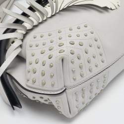 Tod's Light Grey/White Leather Origami Fringed Top Handle Bag