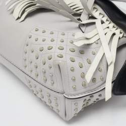 Tod's Light Grey/White Leather Origami Fringed Top Handle Bag