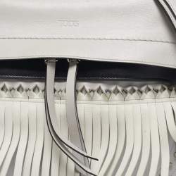 Tod's Light Grey/White Leather Origami Fringed Top Handle Bag