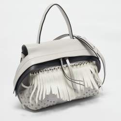 Tod's Light Grey/White Leather Origami Fringed Top Handle Bag